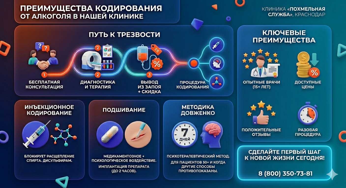 Инфографика о методах кодирования от алкоголя в Ольгинке: инъекции, подшивание, метод Довженко. Преимущества клиники и этапы лечения.