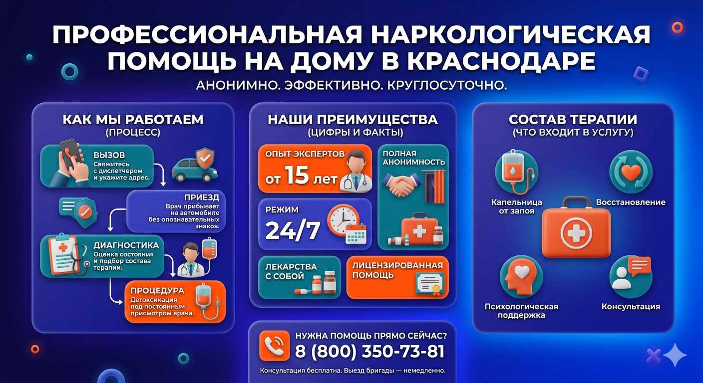 Инфографика о принципах лечения алкоголизма на дому в Ольгинке: этапы вызова нарколога, преимущества анонимной детоксикации и состав медицинской помощи.